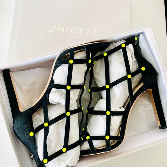 NEW JIMMY CHOO Black Neon Yellow Studded Tina Caged Heel Stiletto Sandals 40 10 - Picture 2 of 16